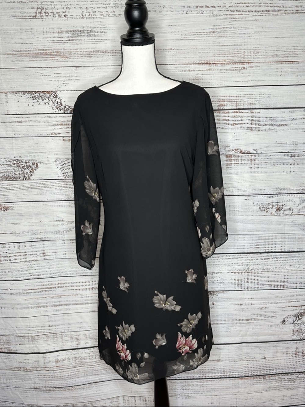 Grace Karin Black Floral Midi Dress with Sheer Sleeves